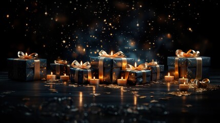 Christmas Presents Isolated on a Bokeh Background, Christmas Gifts Isolated on a Bokeh Dark background, Christmas Patterned Gift Box. Happy New Year. Merry Christmas. Background with a copy space.