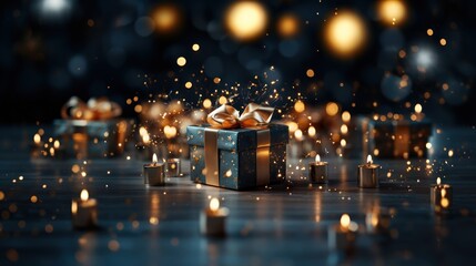Fototapeta na wymiar Christmas Presents Isolated on a Bokeh Background, Christmas Gifts Isolated on a Bokeh Dark background, Christmas Patterned Gift Box. Happy New Year. Merry Christmas. Background with a copy space.