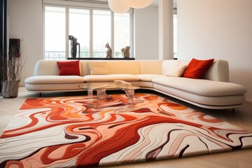 Salón de lujo con alfombra tufting de color rojo y blanco estilo ola, decoración aesthetic con alfombra estilo olas de colores