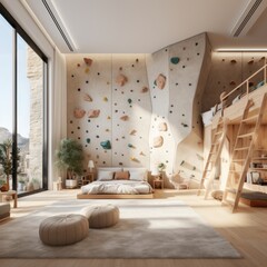Obraz premium Gran dormitorio de hostel estilo nórdico con un rocódromo, pared de escalada en una habitación de hotel, resort de lujo para escaladores