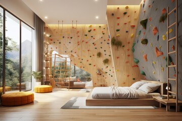 Dormitorio hotel temático con rocódromo, habitación estilo nórdico con pared para hacer escalada, zona de juegos para adultos, gimnasio nórdico en casa - obrazy, fototapety, plakaty