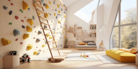 Dormitorio con rocódromo estilo nórdico, zona de juegos infantil para escalar, cuarto niños pequeños con pared para escalada - obrazy, fototapety, plakaty