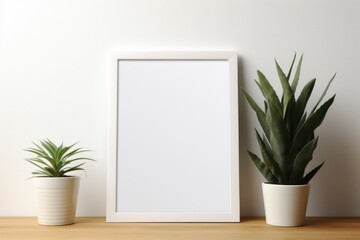 Mockup frame, A white frame delicately holds a monochromatic white photograph, exuding an understated yet refined aesthetic. Generative AI