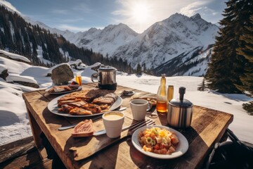 Desayuno romántico en la nieve, vistas a la montaña nevada con comida, camping en la naturaleza, hotel estación de esquí desayuno con vistas - obrazy, fototapety, plakaty
