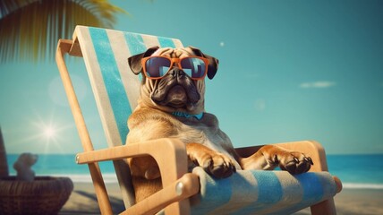 dog on a beach chair with sunglasses