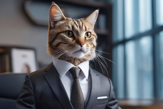 Serious cat in a business suit in the office