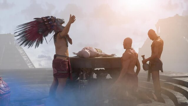 ancient Mayan tribe , priest brings human sacrifices 3d render