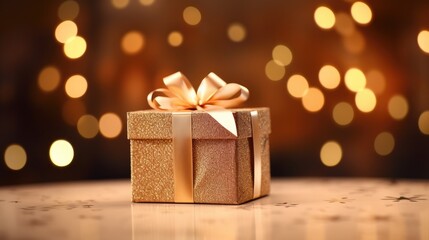 Festive gift box against bokeh background with space for copy. Holiday greeting card. Generative AI