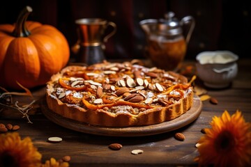 Fresh orange pumpkin pie with almonds on wooden table - obrazy, fototapety, plakaty