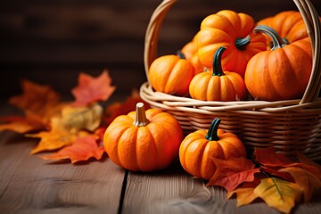 Orange pumpkins in basket with dry leaves on wooden background