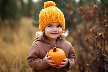 Cute child wearing yellow sweater and holding orange pumpkin in hands