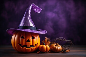 Halloween pumpkin in witches hat on violet background