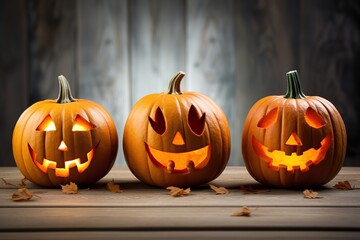 Glowing halloween pumpkins on brown wooden background