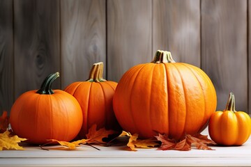 Orange pumpkins with dry leaves on wooden background