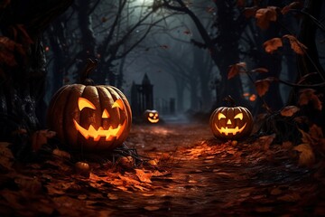 Illustration of glowing halloween pumpkins in dark forest