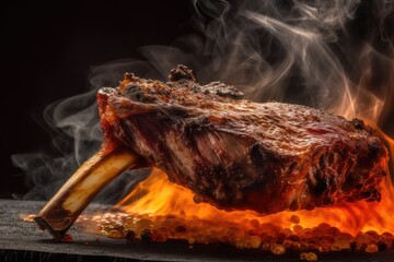 Grilled Ribs, Lamb Barbecue, Roasted Meat on Dark Background, Abstract Generative AI Illustration