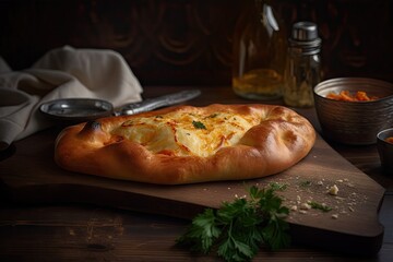 Khachapuri Bread, Georgian Pie with Egg, Baked Khachapuri Abstract Generative AI Illustration