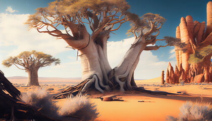 Baobab Tree, Africa Landscape, Madagascar Nature, Baobab Trees, Abstract Generative Ai Illustration - obrazy, fototapety, plakaty