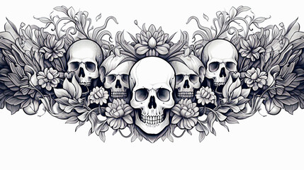 Skulls with floral ornament. Digital illustration for tattoo or t-shirt design. selective focus.  