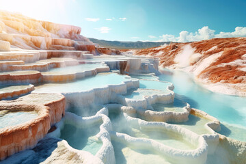 Terrace at Mammoth Hot Springs. Symbols of health and relaxation. The virtues of mineral waters and thermal baths for self care for well-being and rejuvenation. Yellowstone National Park - obrazy, fototapety, plakaty