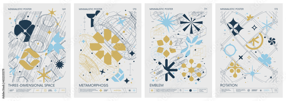 Aufkleber futuristic retro vector color minimalistic posters in pastel colors with 3d strange wireframes form 