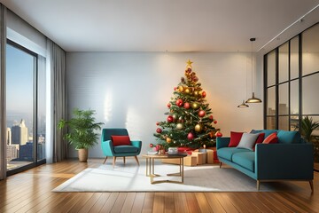 christmas room with christmas tree generated by AI technology 