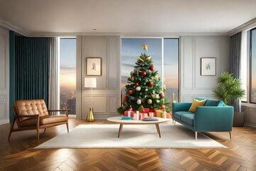 living room with christmas tree generated by AI technology 