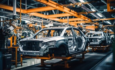 Mass production assembly line of modern cars in a busy factory. Generative AI.