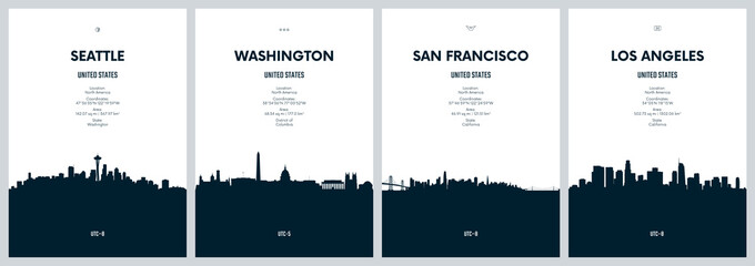 Travel vector set with city skylines Seattle, Washington, San Francisco, Los Angeles, detailed city skylines minimalistic graphic artwork