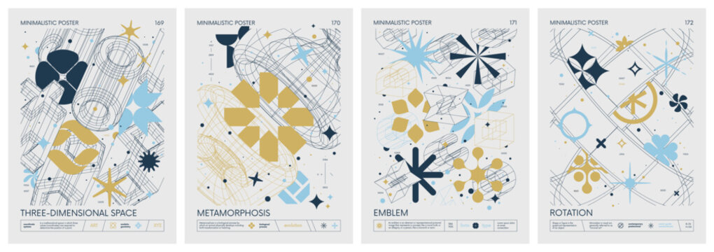 Futuristic retro vector color minimalistic Posters in pastel colors with 3d strange wireframes form graphic of geometrical shapes modern design inspired by brutalism and basic figures, set 43