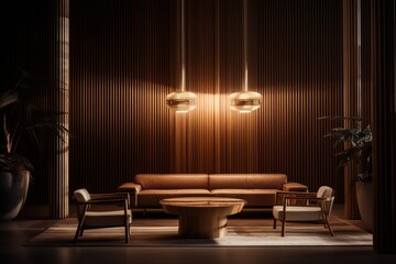 A futuristic modern living room with couch, two chairs, and coffee table - dramatic lighting, warm gold tones.