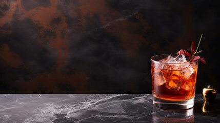 Manhattan cocktail. Glass of a manhattan cocktail on stone table. Whiskey cocktail. Copyspace. Horizontal format. Food photo. Ai generated