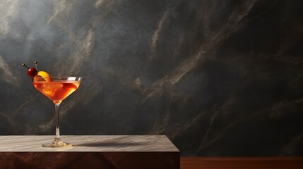 Manhattan cocktail. Elegant glass of a manhattan cocktail with dark background. Whiskey cocktail. Copyspace. Horizontal banner. Ai generated