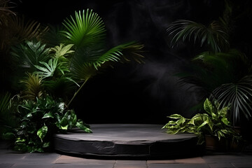 Fototapeta premium Empty black stone platform with tropical plants on dark background.Generative AI.