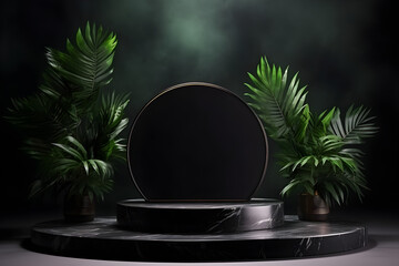 Obraz na płótnie Canvas Empty black stone platform with tropical plants on dark background.Generative AI.