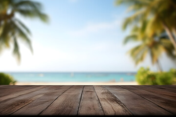 Empty black table top and blur tropical beach of the Background. For product display.Generative AI.