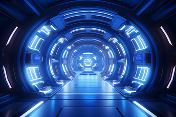Futuristic corridor with glowing blue neon lights.Generative AI.