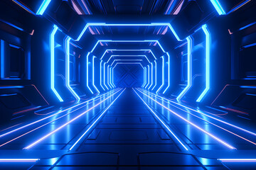 Futuristic corridor with glowing blue neon lights.Generative AI.