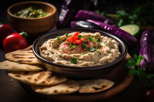 Baba Ganoush with creamy summer dip, crunchy veggies pita.