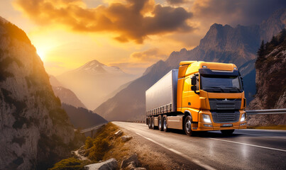 A European freight truck traveling down the roadway. The transportation and logistics sector in action.