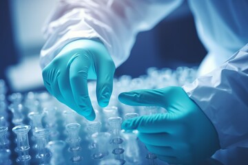 Scientist male female hands medical gloves nanotechnology conducting research fiber microbiology glass test tubes medicine healthcare pharma production lab laboratory science chemistry genetic genes