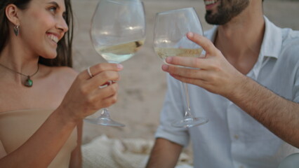 Laughing lovers toasting glasses picnic outdoors closeup. Love couple clinking