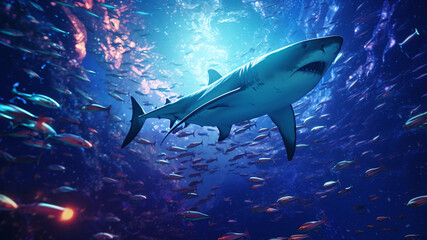 Obraz na płótnie Canvas Shark in deep Ocean. Wallpaper. 16:9. Generative AI