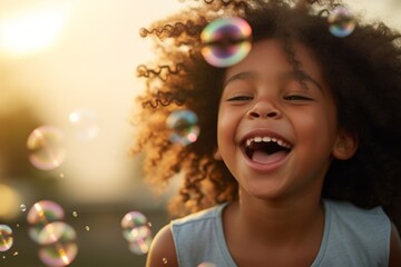 Joyful happy laughing African American child daughter kid girl children laugh excited open mouth amazed enjoy playing with soap bubbles having fun happiness childhood summer vacation family holiday