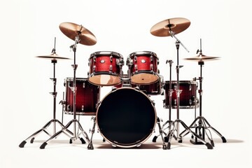 Fototapeta premium A vibrant red drum set against a clean white backdrop created with Generative AI technology