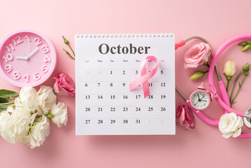 Breast cancer awareness arrangement. Top view flat lay featuring October calendar, stethoscope, pink ribbon, clock, eustoma flowers on pale pink surface, apt illustration for health advocacy materials - obrazy, fototapety, plakaty