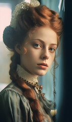 Fototapeta premium Enchanting Portrait of a Beautiful Red-haired Woman with Captivating Light Eyes - Generative AI Photo