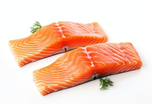 Two pieces of salmon on a white background created with Generative AI technology