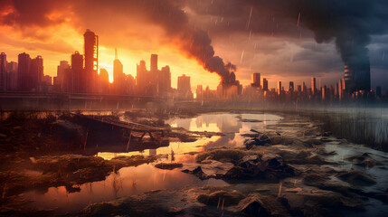 Polluted Cityscape at Sunset - Generative AI Digital Art - obrazy, fototapety, plakaty