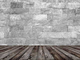 Grey premium wall tiles background with wooden floor